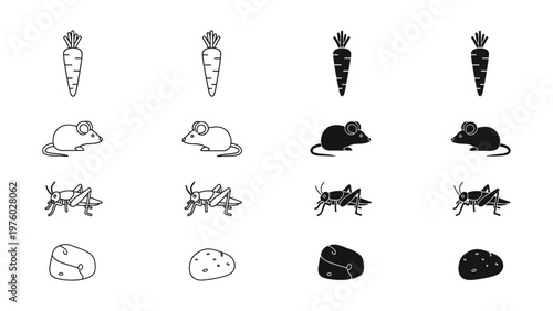 Dietary Delight: A collection of simple illustrations of a carrot, mouse, grasshopper and potato, showcasing simple line art, with a focus on simplicity. 