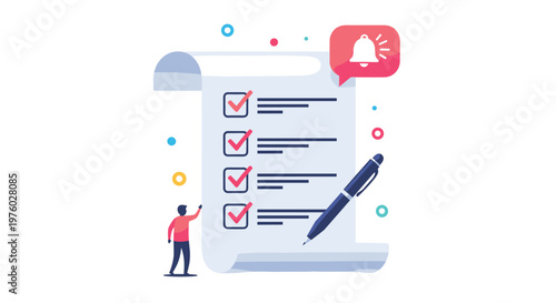 Business checklist with red checkmarks and notification bell for task management and project completion concept.