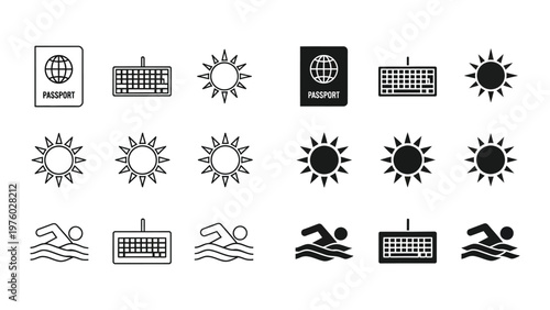 Travel and Lifestyle Icon Set: A neatly organized assortment of icons representing essential elements for travel and daily life, including passport, keyboard, sun, and swimmer.