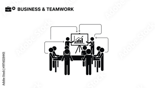 Professional business team analyzing growth statistics during a collaborative office meeting presented on a large flip chart board