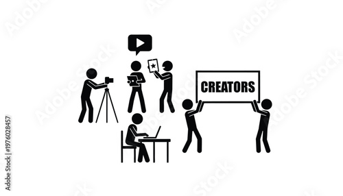 Stick figures working together on creative media projects while filming content and holding a large creators sign