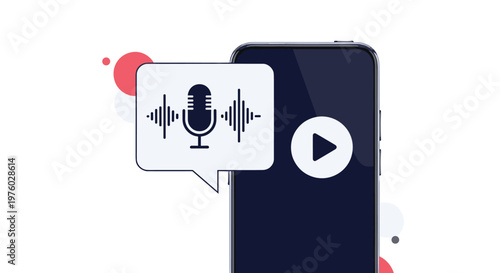 Mobile voice recording and audio message concept with smartphone displaying microphone and sound waves on white background.