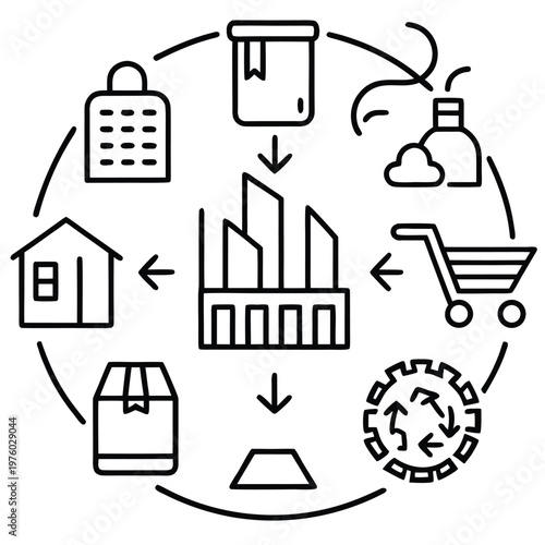 An illustrative graphic depicting the circular flow of the manufacturing process, symbolizing sustainable practices and the journey of goods from raw materials to consumers and back again.