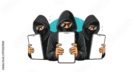 Group of mysterious cyber criminals in hoodies holding smartphones for mobile hacking and digital security threat concept.