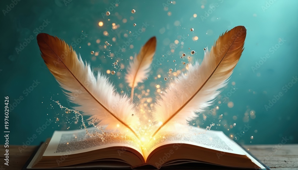 Fototapeta premium Open book releases magical glowing feathers and water splashes. Sparkling particles float creating a fantasy atmosphere. Concept of imagination learning and creativity.