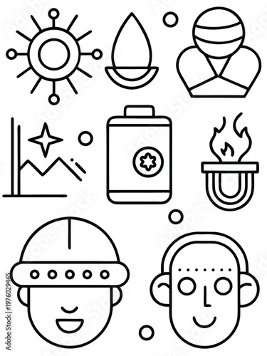 A collection of simple vector illustrations depicting icons related to modern industry and technology, perfect for use in infographics, presentations, or website design.