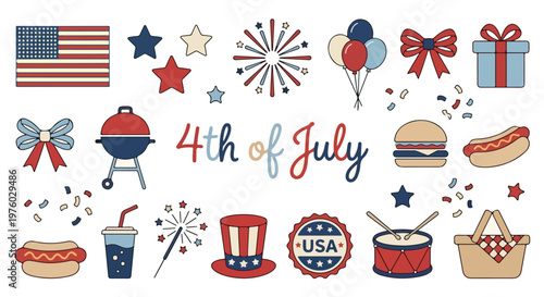 4th of July Independence Day element set with the American flag, a barbecue grill, fireworks, sparklers, balloons, festive bunting, a picnic basket, burgers, and hot dogs. Perfect for Independence Day