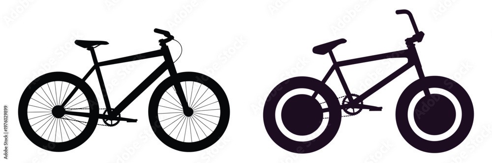 Obraz premium Bicycle icons design in black silhouette, line style bicycle icon set, bike vector symbols, modern bicycle icons, bicycle parking signs, cycling area indicators, clean vector design for apps, maps, an