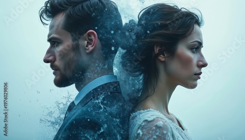 Man and woman stand apart, their forms dissolving into water. They show signs of conflict or breakup, reflecting emotional distance and sadness.