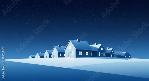 Snowy village at night with illuminated houses under starry sky