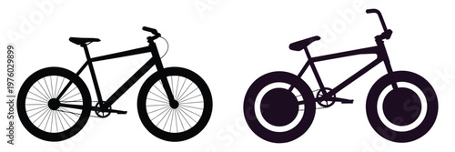 Bicycle icons design in black silhouette, line style bicycle icon set, bike vector symbols, modern bicycle icons, bicycle parking signs, cycling area indicators, clean vector design for apps, maps, an