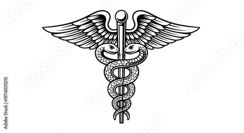 Classic Caduceus symbol with two snakes and wings representing medicine and healing, on an isolated white background.