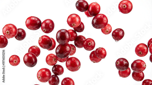 Fresh cranberries falling in a white background food photography studio environment close-up view healthy eating concept