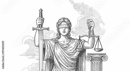Classic Engraving of Blindfolded Lady Justice with Scales and Sword in Bright Studio