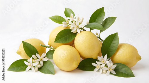Fresh lemons and blossoms natural light setting fruit photography minimalist style close-up view culinary inspiration