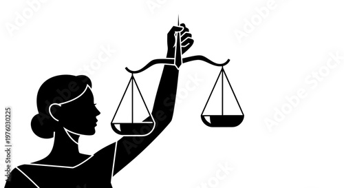 Silhouette of a woman holding a balance scale representing justice, on an isolated white background.