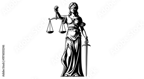 Blindfolded Lady Justice Holding Scales and Sword in Detailed Black and White on Isolated White Background