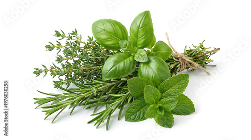 Harvesting fresh herbs basil thyme and mint in a bright studio setting for culinary inspiration