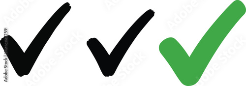 Three hand drawn check marks black and green variations on a white background