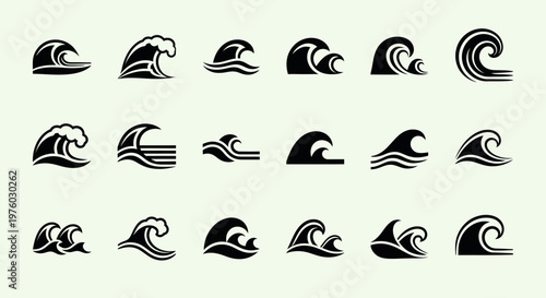 Collection of Stylized Ocean Wave Icons in Black on Light Green Background