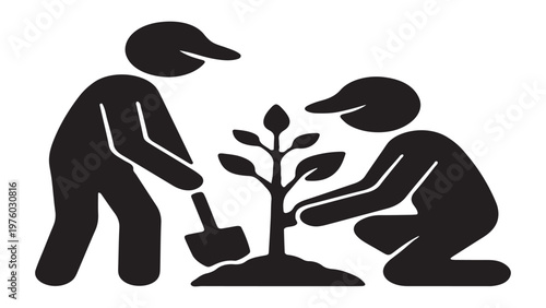Two volunteers in caps planting a young tree sapling together, community gardening and environmental conservation icon.