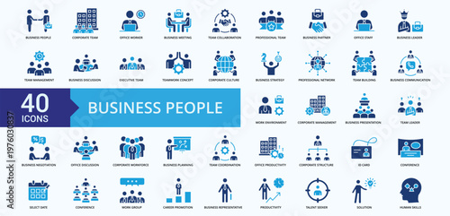 Business People Icon Pack Glyph Blue Illustration Vector With corporate team, office worker, business meeting, team collaboration, professional team