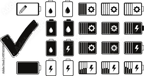 Battery level indicators and a check mark a visual representation of power status and confirmation
