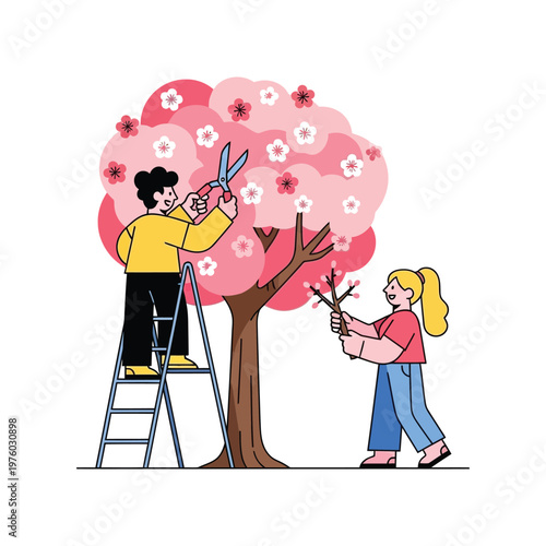 People pruning pink cherry blossom tree in playful colorful illustration for gardening