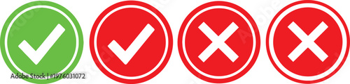 Four oval symbols representing status or verification with checks and crosses in contrasting colors