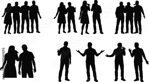 Set of group and individual silhouettes singing with microphones, friends performing karaoke, public speakers, and vocalists for entertainment and events