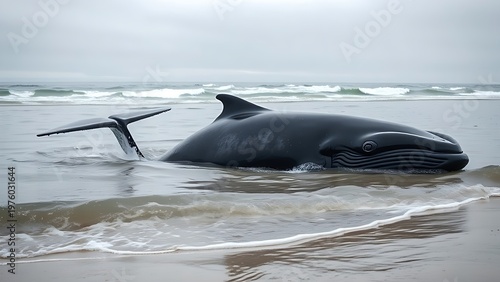 motherliness. Beached whale with tail fin splashing in shallow water under overcast sky. wildlife magazines, conservation campaigns, designed for eco-tourism storytelling.