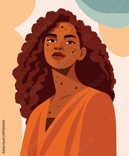 African woman with moles, freckles on her face, curly hair, natural beauty, authenticity. Vector portrait, avatar. Diversity, self-acceptance, self-love. For beauty, self-care, social media