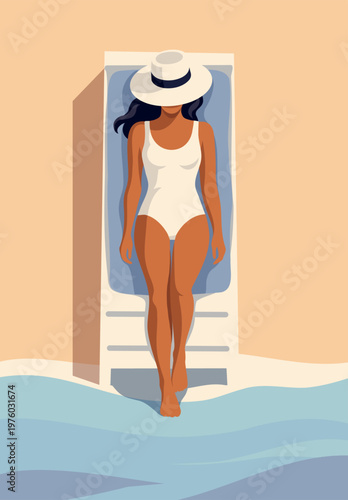 Summer holidays. Woman on vacation. Girl on a sun lounger. Vector illustration, woman in a swimsuit and hat sunbathing on a sun lounger by the sea. For travel, tourism, recreation, summer design