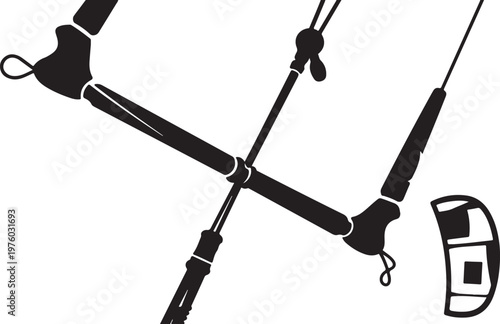 Kite control bar, kiteboarding harness, power kite equipment, black vector icons