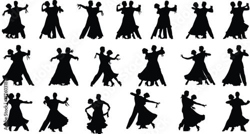 Set of black silhouettes of ballroom dancers couples dancing waltz tango and salsa in elegant poses isolated on white background,