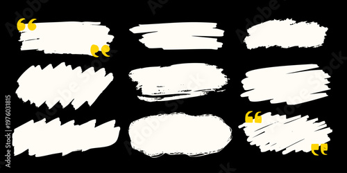 Hand drawn quotation mark text box frame set with marker brush strokes. Speech bubble and dialog frames in square shapes for chat banners, quotes and message templates. Vector illustration.