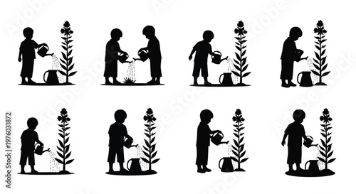 Cuadro en lienzo Children watering flowers in a repeating pattern depicted in black silhouette