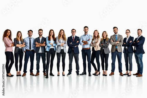 A varied group of casually dressed professionals standing in a row against a white background.