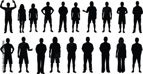 Black silhouettes of diverse men and women standing in various poses, casual people figures and expressive characters for lifestyle designs