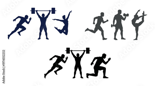 Dynamic Athletic Performance and Active Lifestyle Icon Set Featuring Running, Weightlifting, and Gymnastics Silhouettes