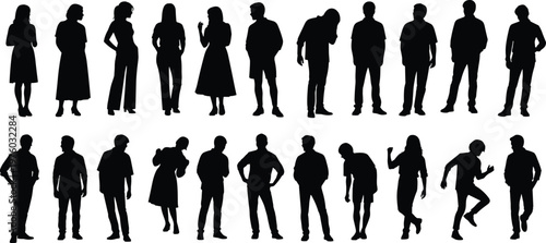 Black silhouettes of diverse men and women standing in various poses, casual people figures and expressive characters for lifestyle designs