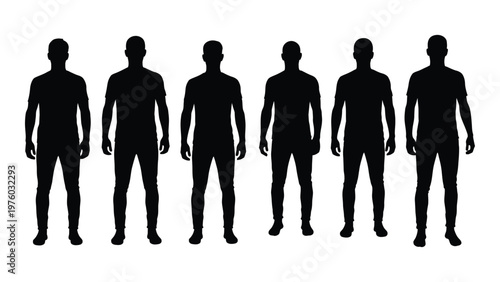 A row of six male silhouettes standing in a neutral pose against a white background