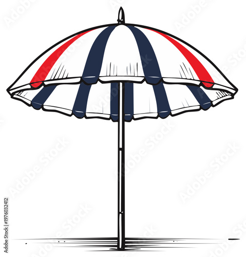 Stripped beach umbrella with red and blue accents, providing shade from sun, illustration of a traditional beach umbrella.