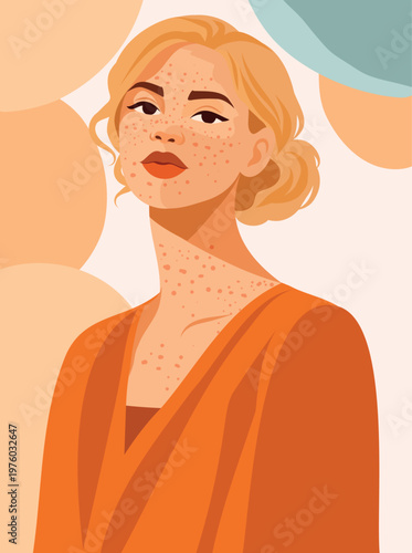 Vector portrait of a blonde woman with vibrant freckles on her face and body. Natural beauty, authenticity. Diversity, self-acceptance, self-love. For beauty, self-care, an avatar for social media