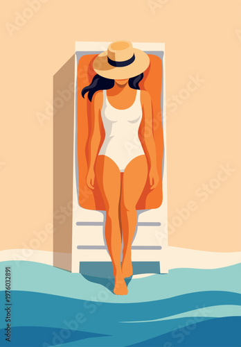 Woman on vacation. Summer holidays. Girl on a sun lounger. Vector illustration, woman in a swimsuit and hat sunbathing on a sun lounger by the sea. For travel, tourism, recreation, summer design