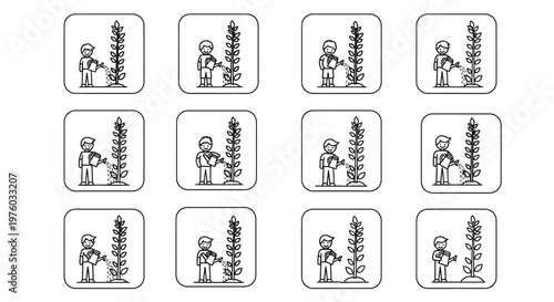 A sequence of line drawings showing a person watering a growing plant