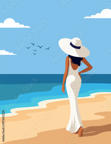 Woman on vacation. Summer holidays. Stylish woman in a white dress, hat walk along sandy beach, admiring ocean. Seagulls, sea, sand. Use for travel, vacation, tourism, summer design, posters, banners