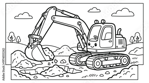 Excavator digging earth with large bucket.