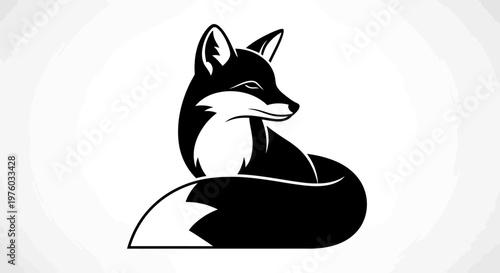 Stylized black fox sitting on a white background