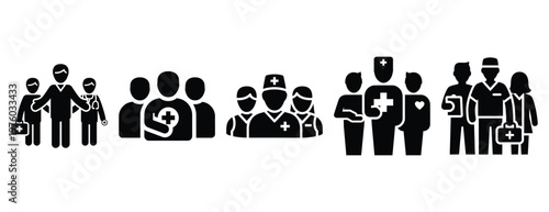 community medical volunteers silhouette icon set